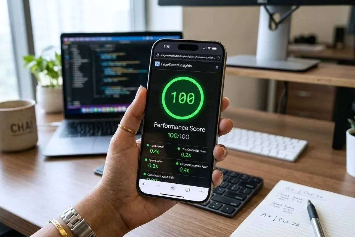 A phone held in one hand showing a page-speed report for a clinic site, the score and load time visible.